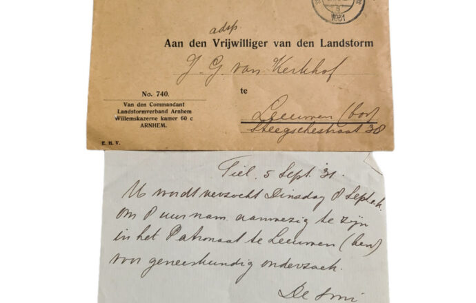 Uitnodigingsbrief vrijwillige landstorm Tiel Leeuwen 1931